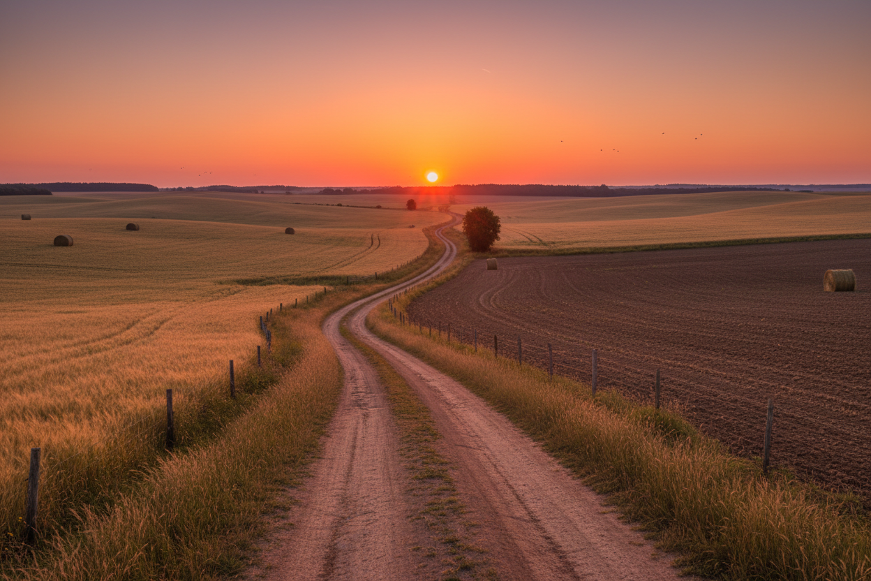 Make a country background of a pretty sunset on a dirt road with lots of land for the hero of my store